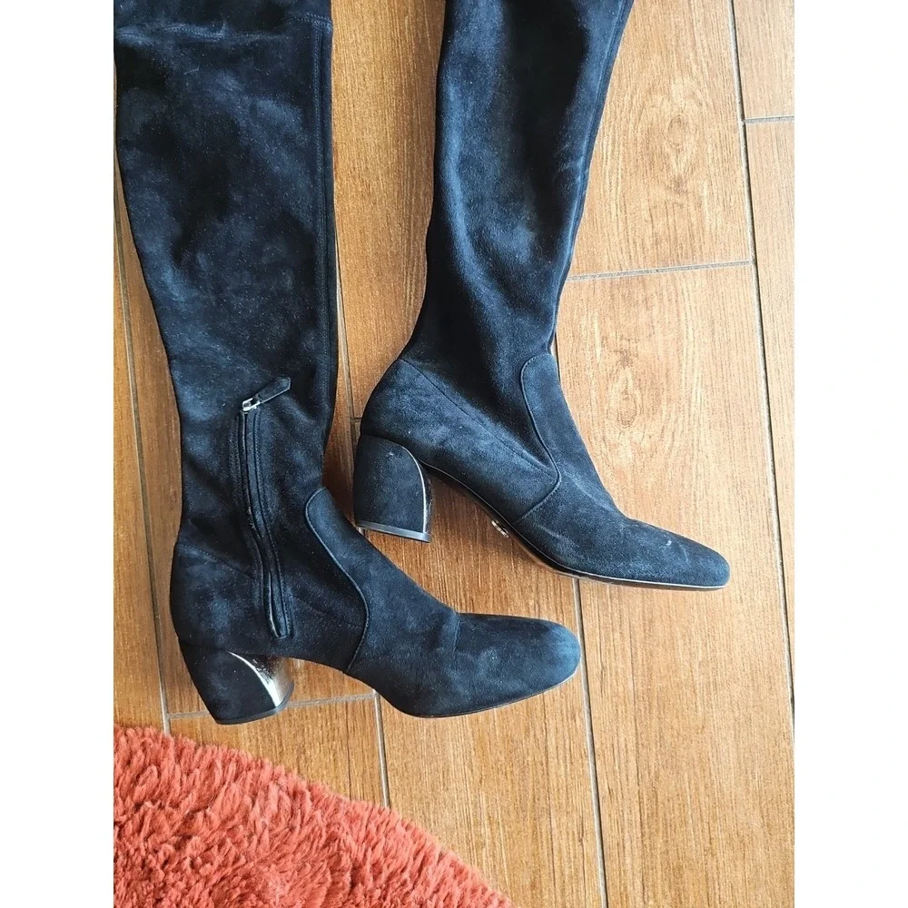 Women's Prada Black SUEDE‎ Leather Over-the-knee Block Heel Round Toe Boots TP01